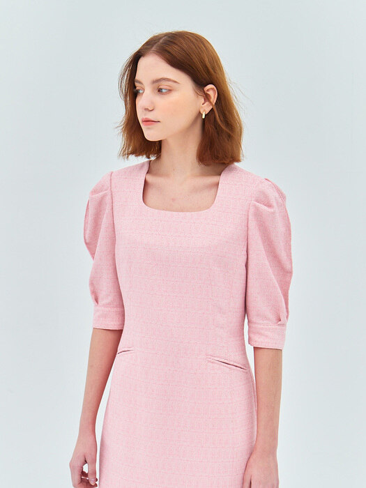 ROUND SQUARE LINE DRESS(tweed pink)