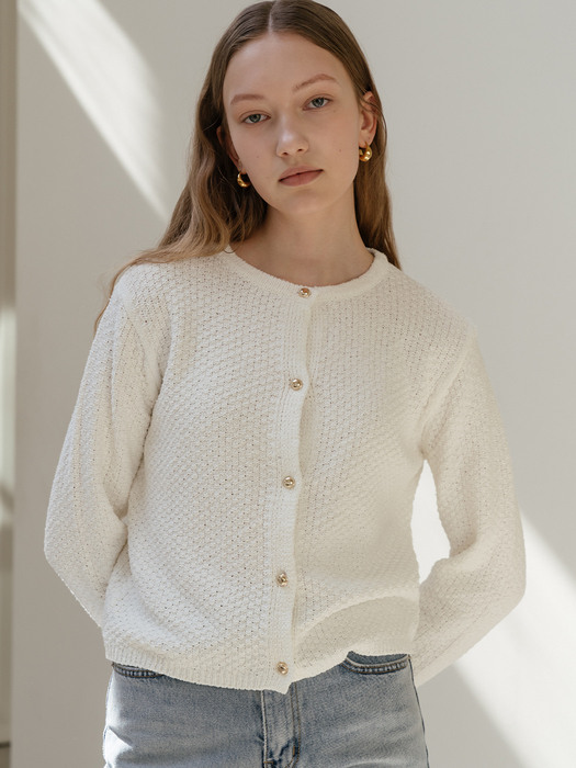 Gold button point cotton cardigan in Ivory