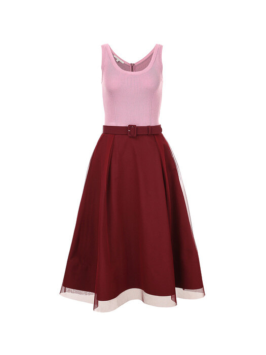 ARIA Knit combination flared dress (Plum pink&Burgundy)