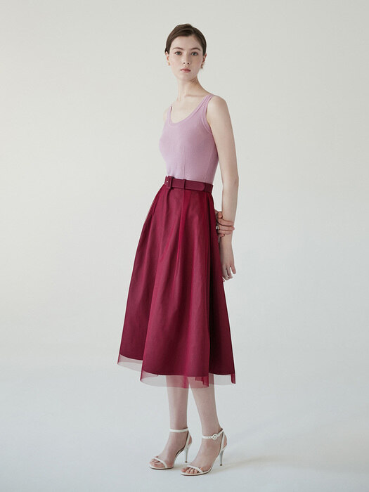 ARIA Knit combination flared dress (Plum pink&Burgundy)