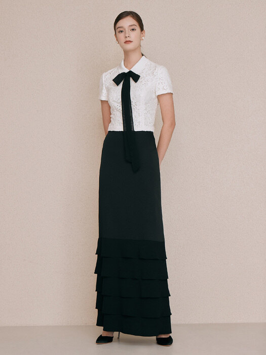 [SET] MARSHA Novah Lace short sleeve top + MARIBEL Ruffle layered maxi skirt 
