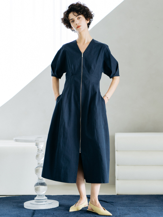 mid-length linen daily dress in navy