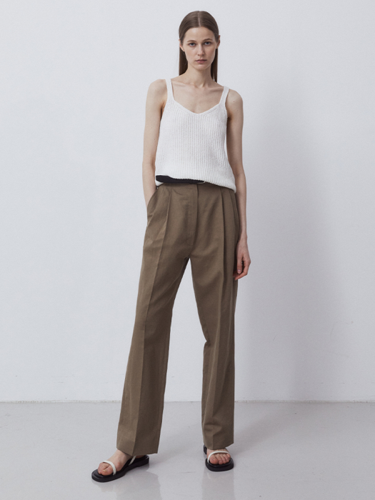 LINEN STANDARD FIT TWO TUCK PANTS-BROWN
