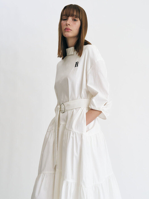 Sleeve Twist Long Shirt Dress (White)