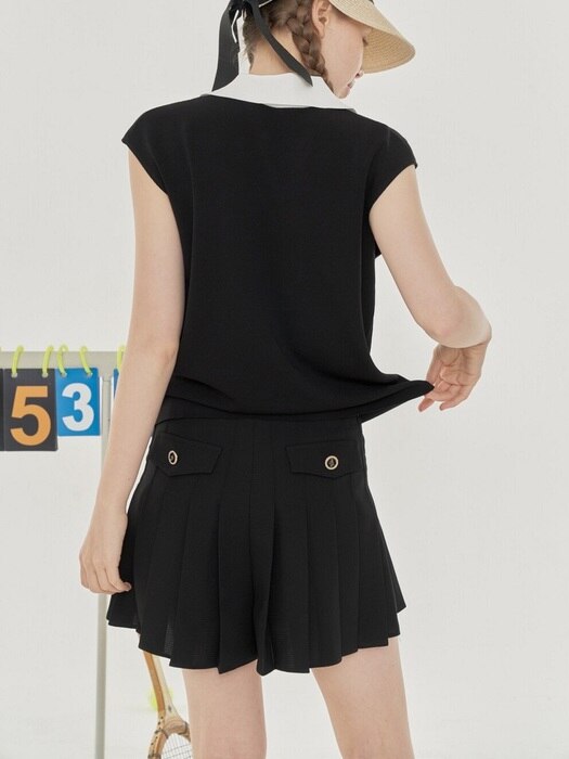BUTTON-EMBELLISHED PLEATED SHORTS W/INNER PANTS_Black
