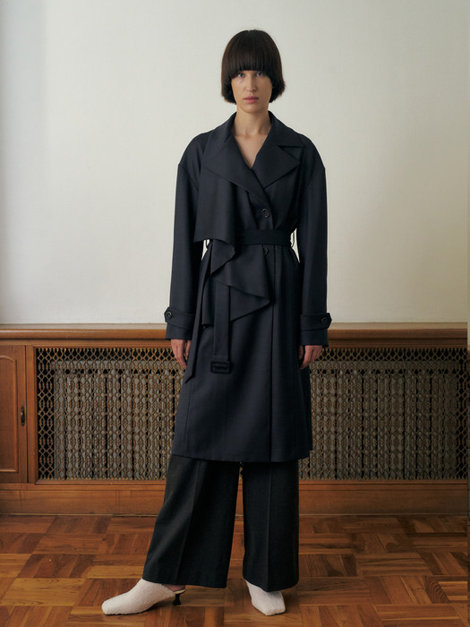 DRAPING WOOL TRENCH COAT WITH DETACHABLE QUILTED INNER LINING, NAVY