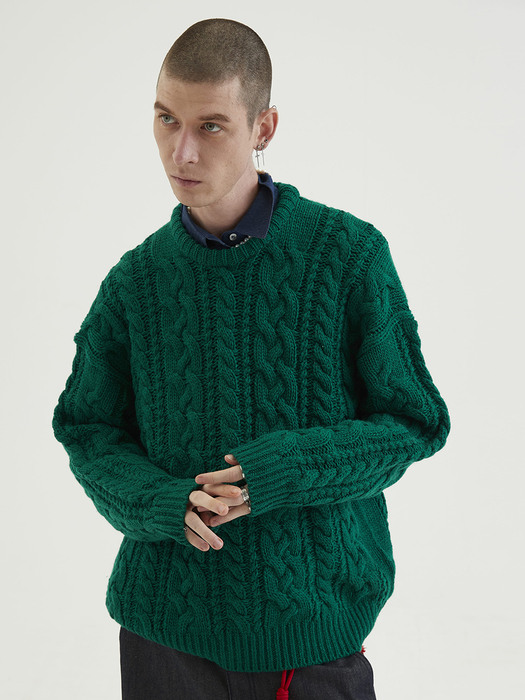 [UNISEX] Lettering Cable Knit Sweater Green