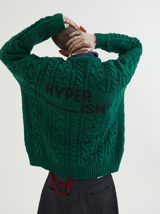 [UNISEX] Lettering Cable Knit Sweater Green