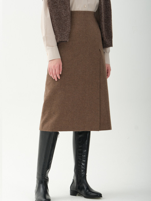 wool blend side slit H-line skirt_brown