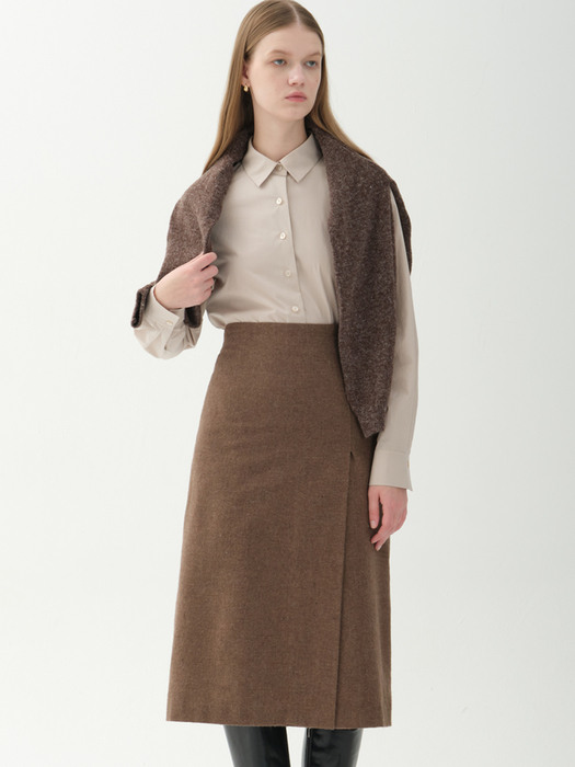 wool blend side slit H-line skirt_brown
