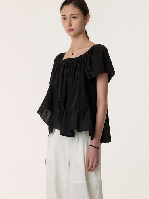 Square Neck Ruffle Blouse Black