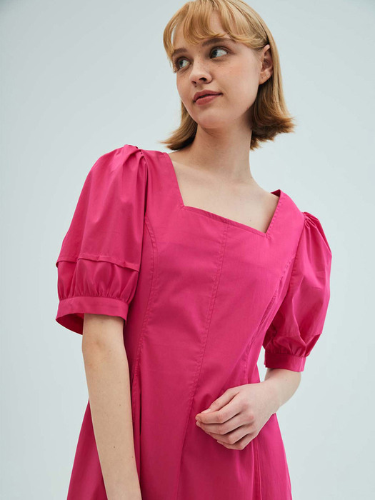 Square-neck puff sleeve flare dress_pink
