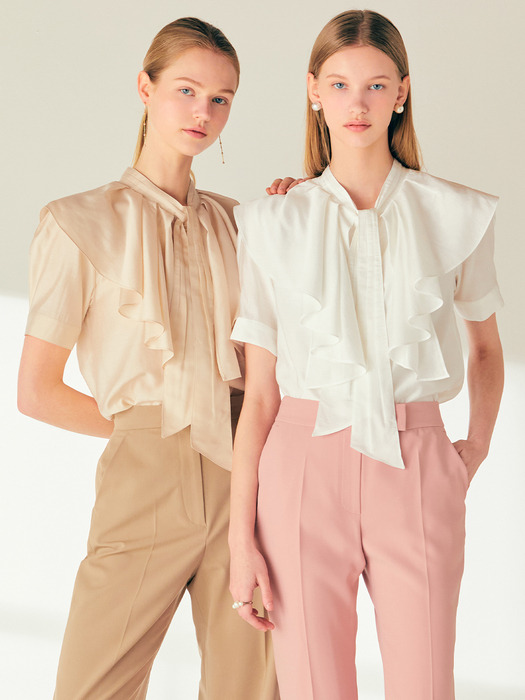 ANGELICA Ruffle detailed tie blouse (Off white/Light beige)