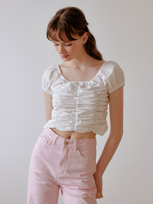 Puffy shirring blouse (white)