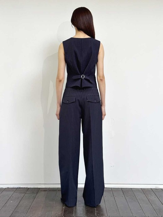 LUCIA DARK NAVY PINSTRIPED TWO TUCKED WIDE PANTS