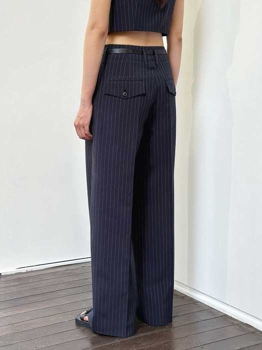 LUCIA DARK NAVY PINSTRIPED TWO TUCKED WIDE PANTS