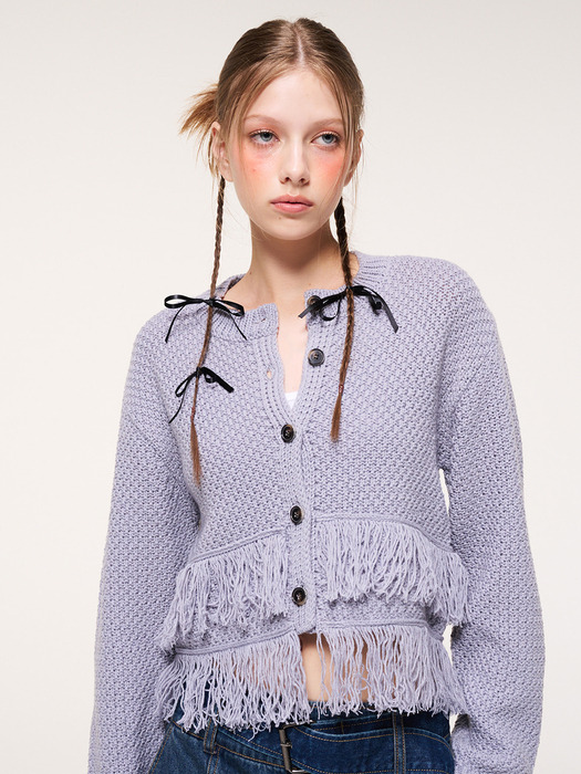 Layer Fringe Knit Cardigan, Lavender Grey