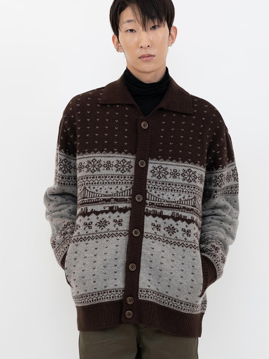 CITY-BOUND WOOL COLLARED KNITTED CARDIGAN - BROWN