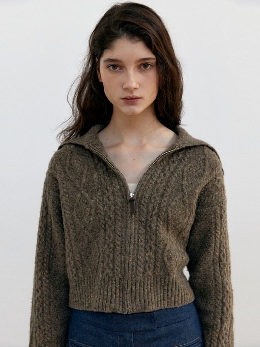 CABLE ZIP UP WOOL KNIT CARDIGAN COCOA