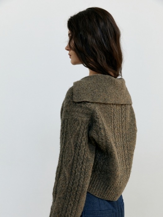 CABLE ZIP UP WOOL KNIT CARDIGAN COCOA