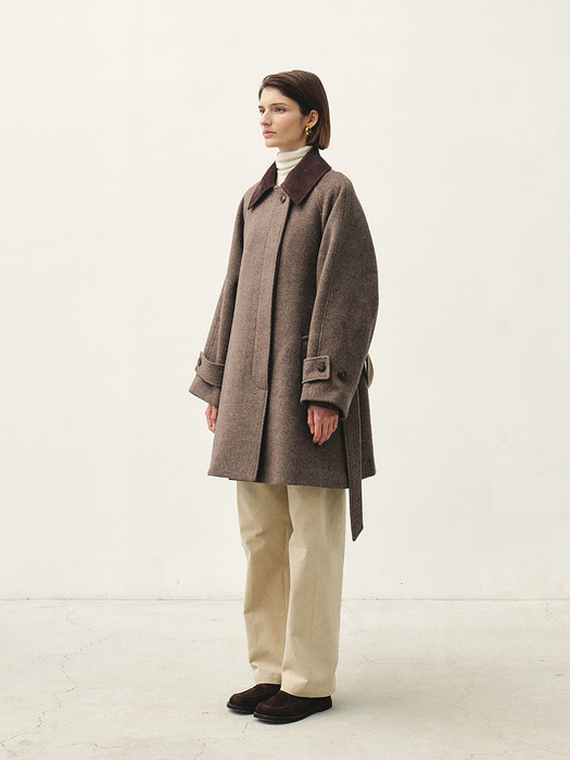 RTW CASHMERE HERRINGBONE HALF COAT_BROWN