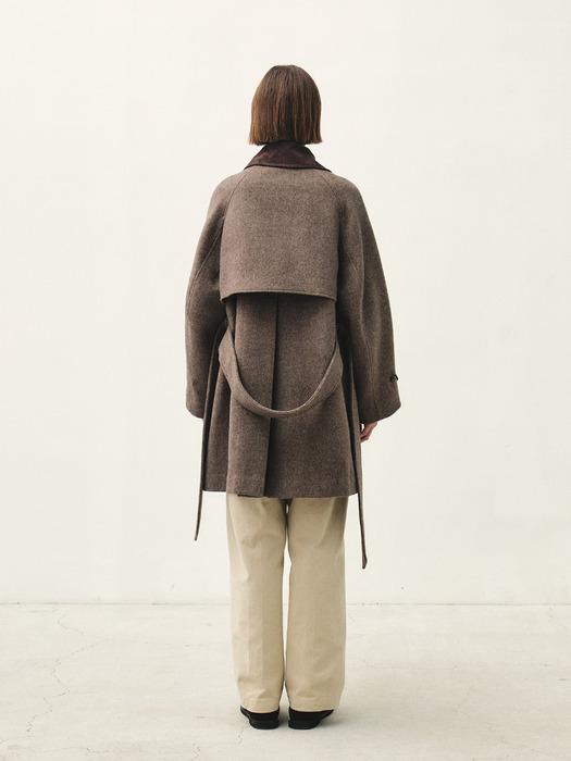 RTW CASHMERE HERRINGBONE HALF COAT_BROWN