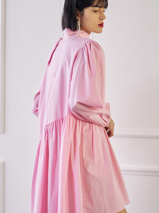 Scarf Layered Volume Dress-Pink Stripe