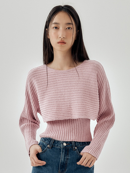 [SET] Ribbed Crop Pullover With Knit Top