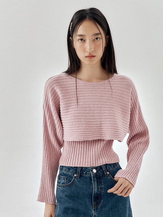 [SET] Ribbed Crop Pullover With Knit Top