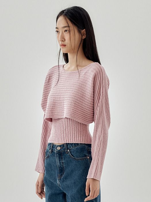 [SET] Ribbed Crop Pullover With Knit Top