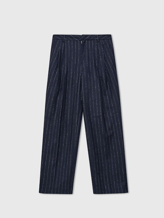 Stripe Embroidered Wool Pleats Trousers - Navy