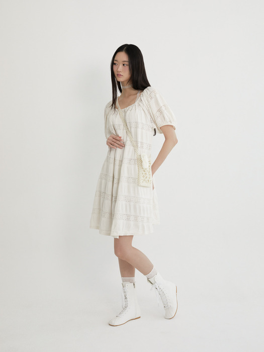 Flower crochet shirring dress (IVORY)