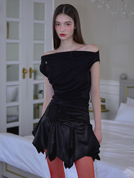 Strap Shirring Mini Skirt [Black]