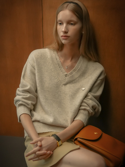 Double rib v-neck wool blended knit_Beige