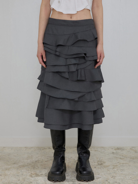 플레어업]Faye Frill Midi Skirt (FL-246_Charcoal)