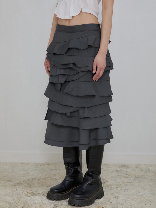 플레어업]Faye Frill Midi Skirt (FL-246_Charcoal)