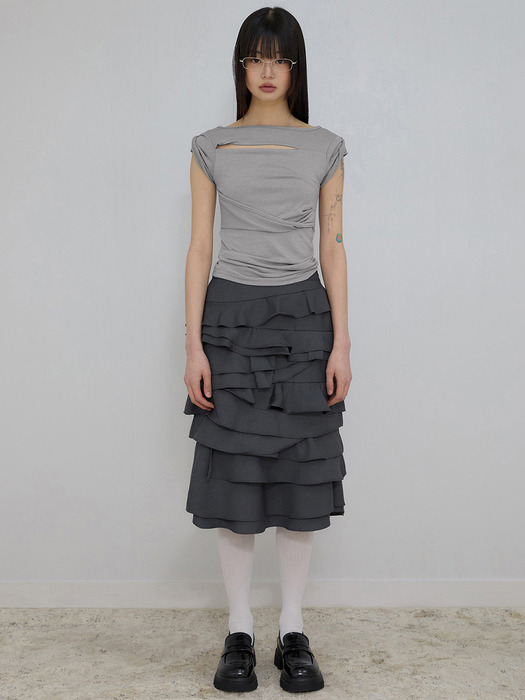 플레어업]Faye Frill Midi Skirt (FL-246_Charcoal)