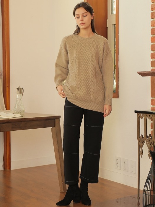 CABLE PULLOVER WOOL KNIT_BEIGE