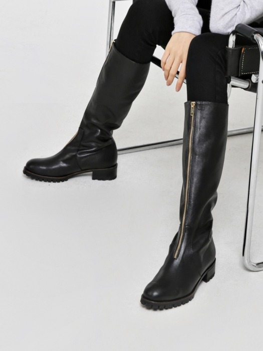 35mm Solide Front Zip Shearling Long Boots (Black)