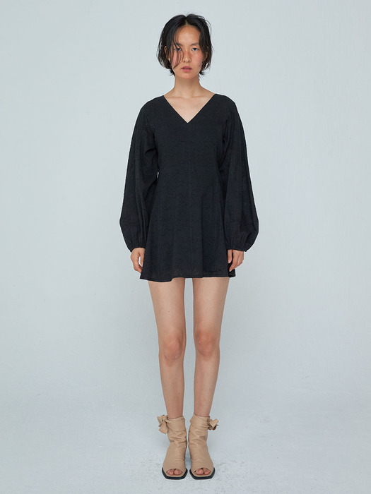 Shirring Sleeve Mini Dress_Black