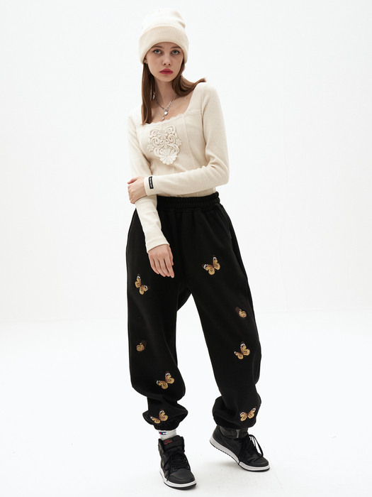 Butterfly needlework sweatpants_BK