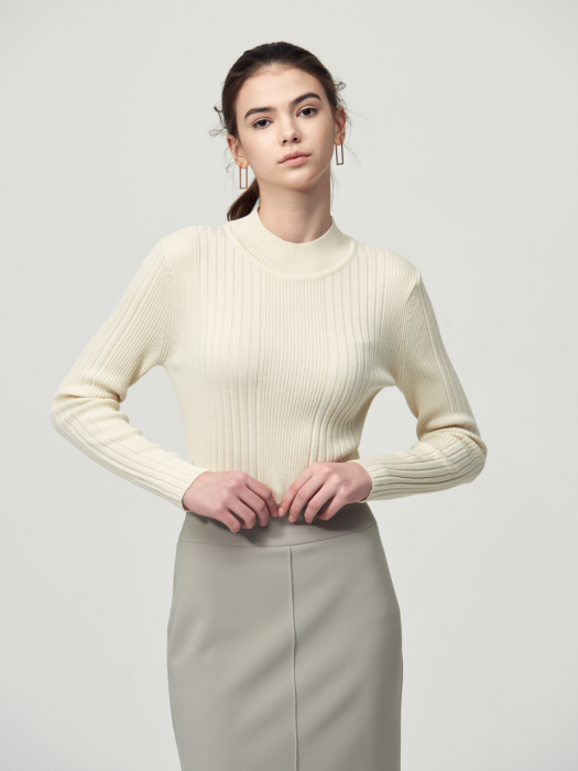 Ribbed High-Neck Wool Knit_Cream