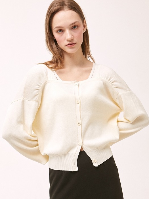 Shirring Square Neck Cardigan - Butter Yellow