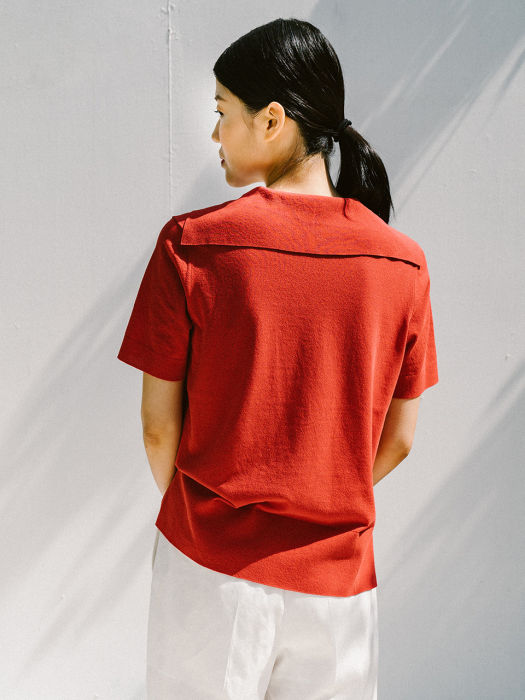 RED FINE GIZA COTTON SAILOR COLLAR KNIT TOP