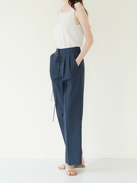 STRING WIDE LINEN PANTS NAVY