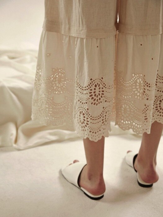 Linen Punching Embroidery Pants - natural