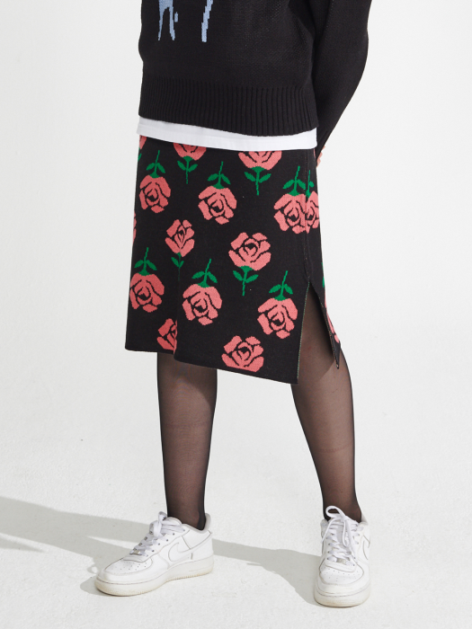 Rose patern Knit Skirt [Black]
