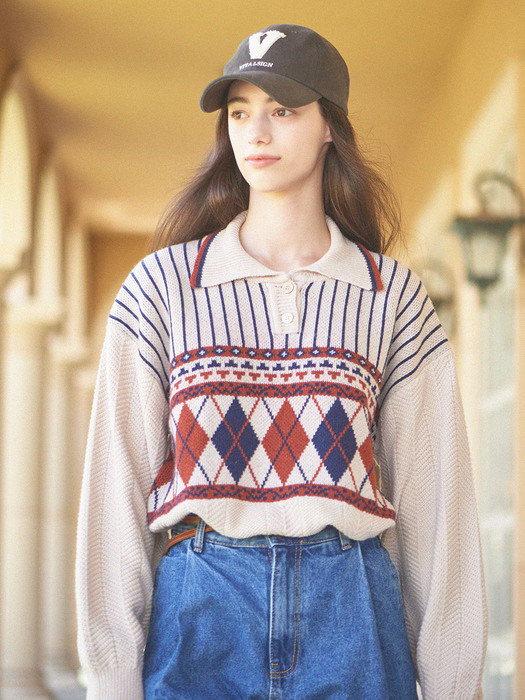 Argyle Knit Pullover (Oatmeal)