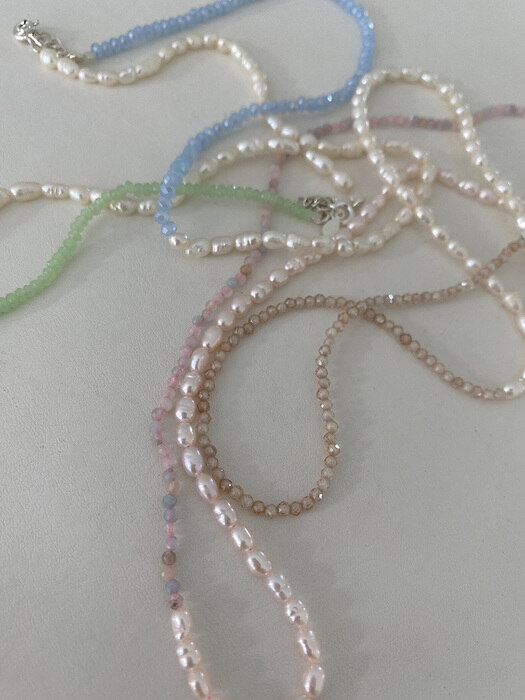 [925silver]Half pearl & beads necklace (4color)