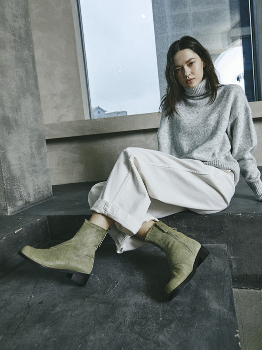 VOLUME SQUARE TOE ANKLE BOOTS[LIGHT KHAKI]